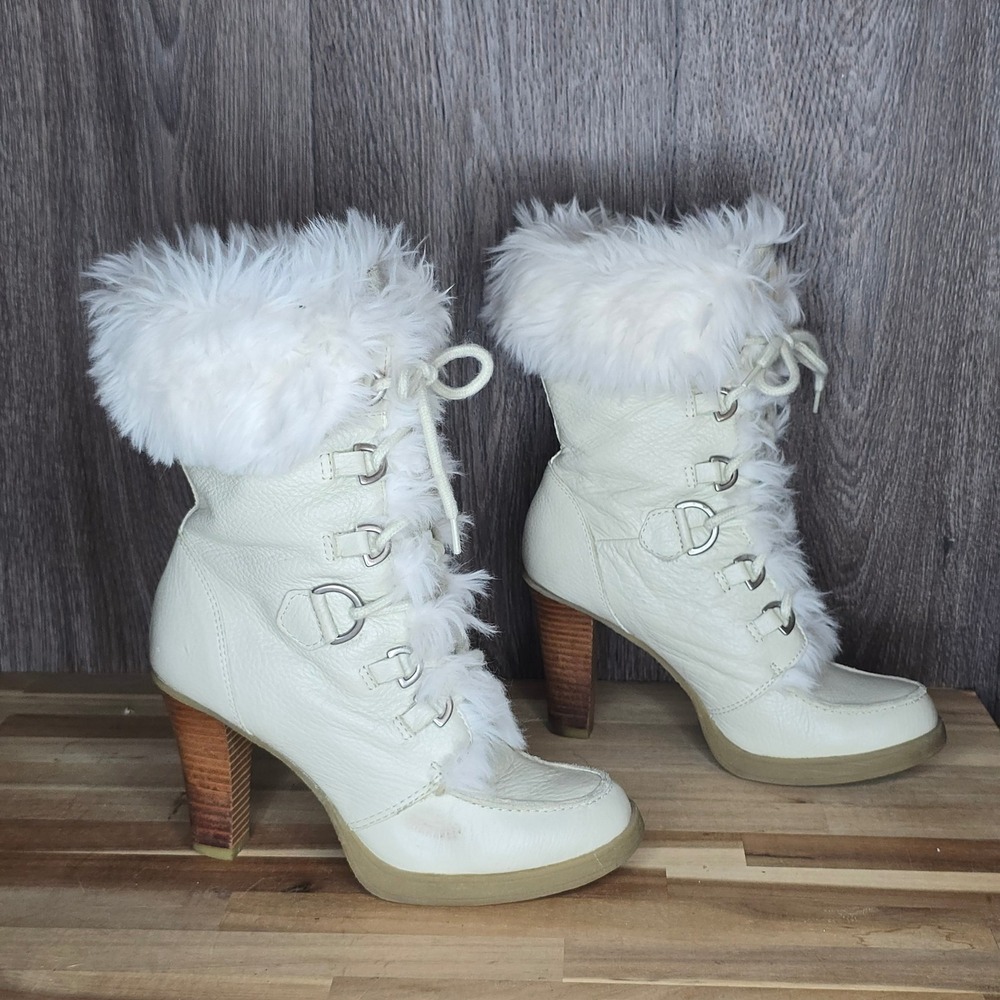 Vintage Report Vail Stk Heel Boot 7 Cream Leather Faux Fur Trim Lace Up Heeled